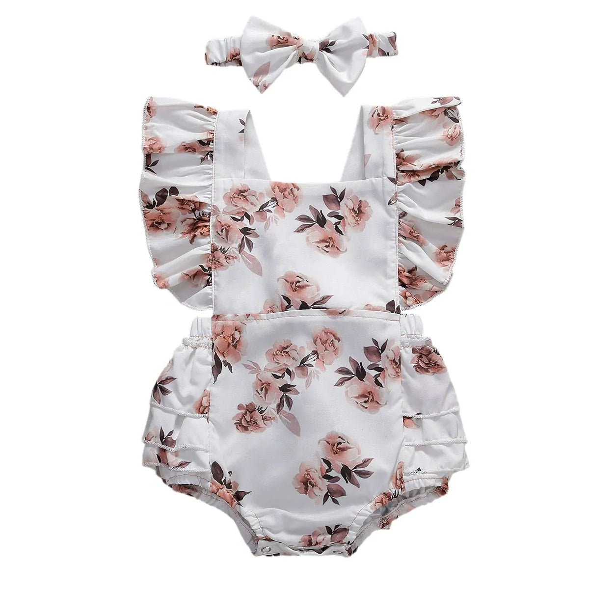 Baby Floral Romper Sleeveless Ruffled Jumpsuits With Headband