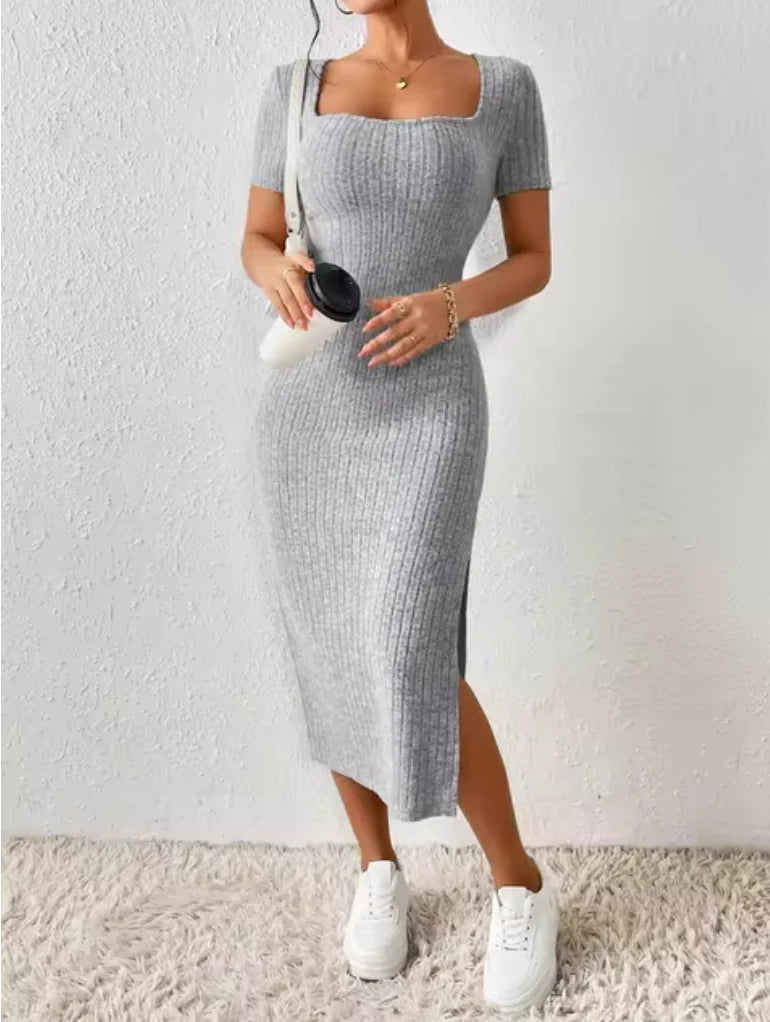 Midi Dress with Square Neck and Slit